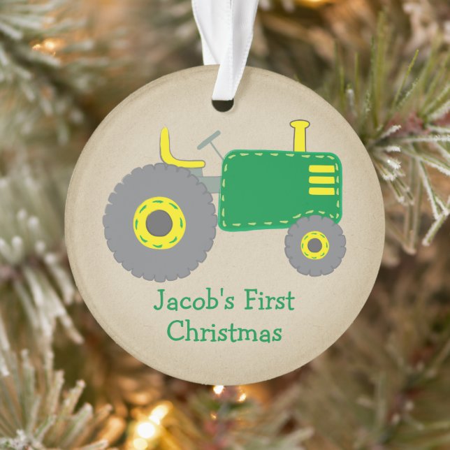 Cute Green Tractor First Christmas Kraft Photo Ornament (Tree)