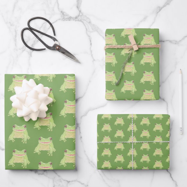 Cute Green Tree Frog - 3x transp pattern. Wrapping Paper Sheet (Front)