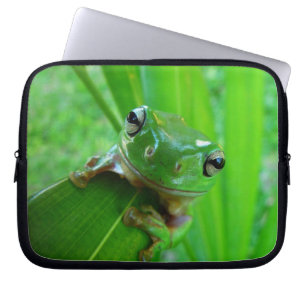 Cute Green Tree Frog on Leaf in Tree Laptop Sleeve