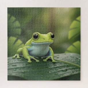 Cute Green Tree Frog on Leaf Jigsaw Puzzle