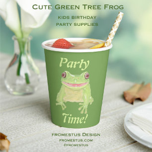 Cute Green Tree Frog - Party Time! text. Paper Cups