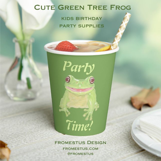 Cute Green Tree Frog - Party Time! text. Paper Cups (Creator Uploaded)