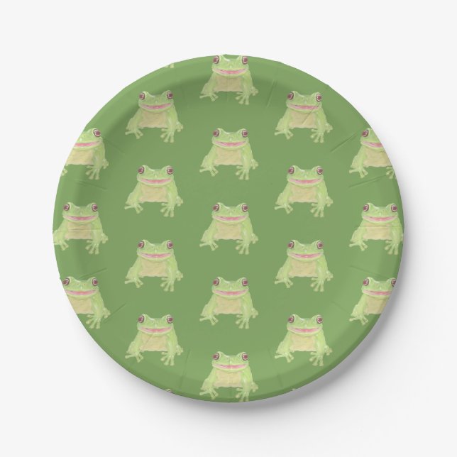 Cute Green Tree Frog - transp pattern. Paper Plate (Front)