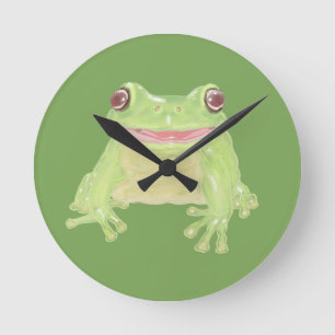 Cute Green Tree Frog - transparent. Round Clock