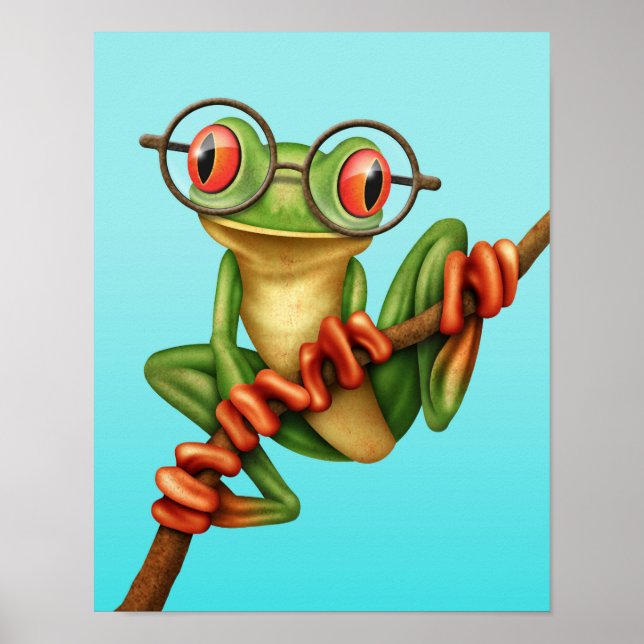 Cute Green Tree Frog with Eye Glasses on Blue Poster (Front)