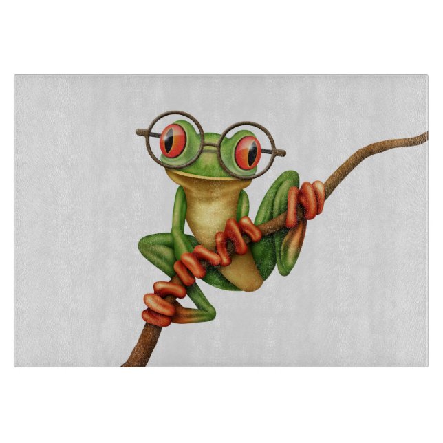 Cute Green Tree Frog with Eye Glasses on White Cutting Board (Front)