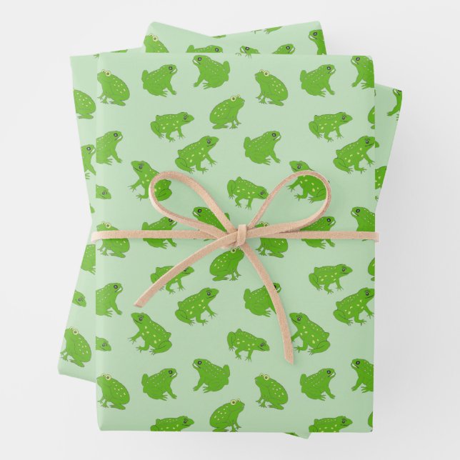 Cute Green Tree Frogs Hand-Drawn Doodle Art  Wrapping Paper Sheet (In situ)