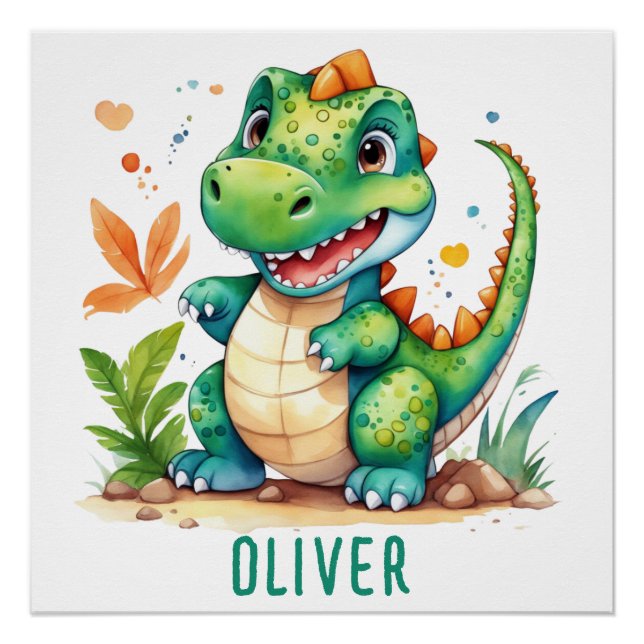 Cute Green Trex Dinosaur Personalised Poster (Front)