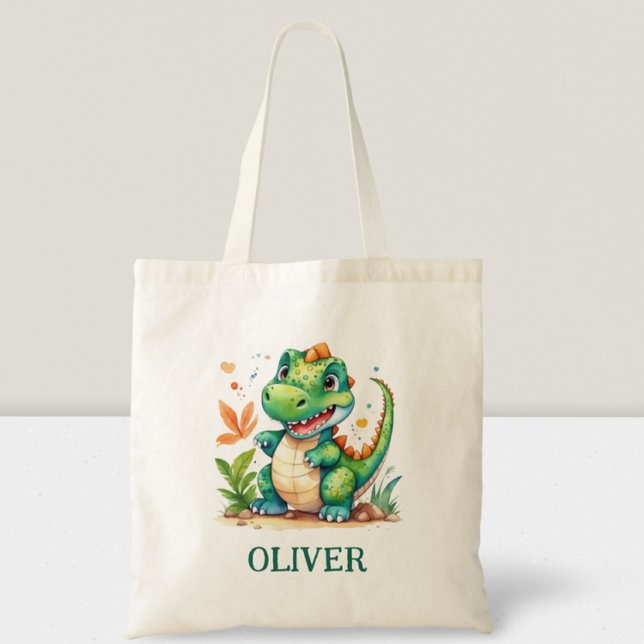 Cute Green Trex Dinosaur Personalised Tote Bag (Creator Uploaded)
