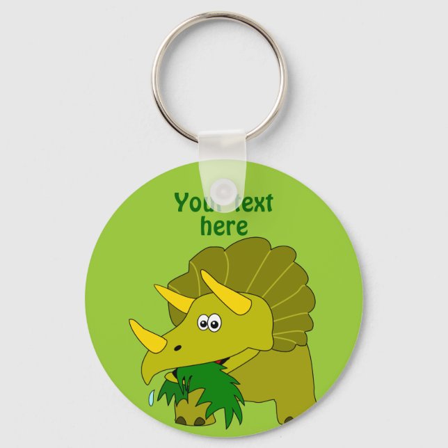 Cute Green Triceratops Cartoon Dinosaur Key Ring (Front)