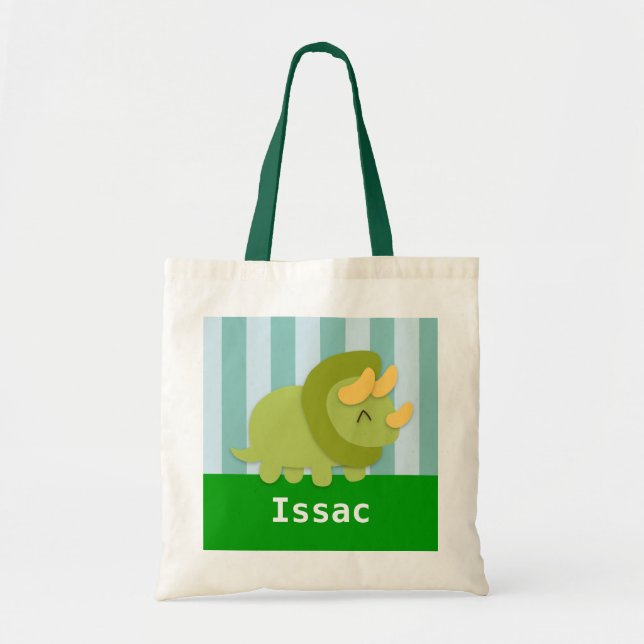 Cute Green Triceratops Dinosaur Kids Tote Bag (Front)