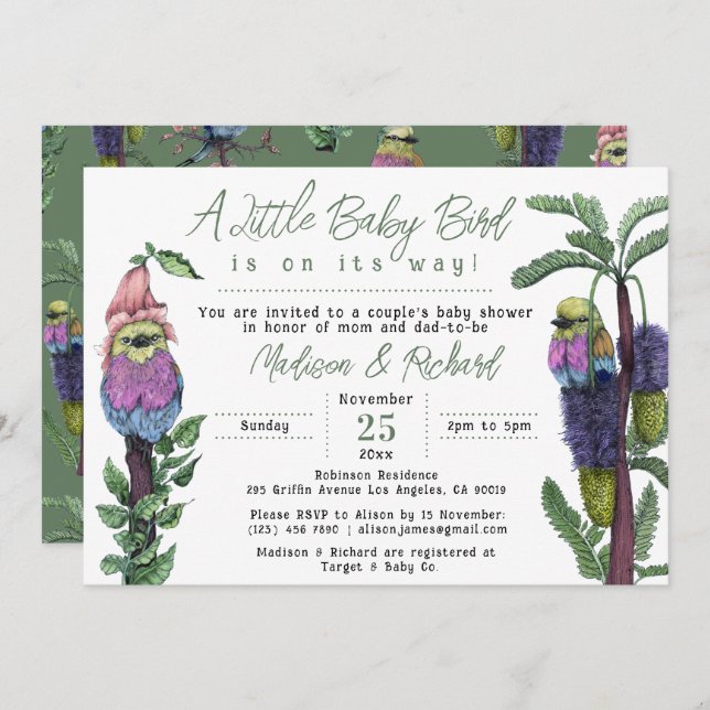 Cute Green Tropical Birds Couple's Baby Shower Invitation (Front/Back)