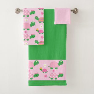 Cute Green Turtle on Colourful Pink Bath Towel Set