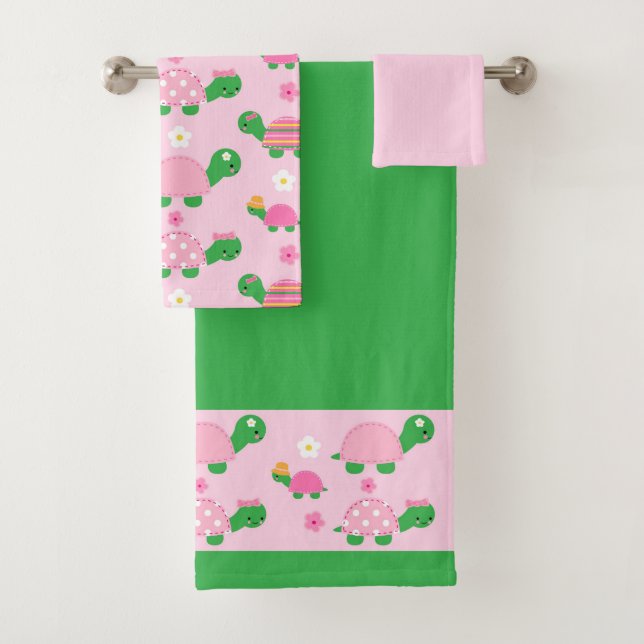 Cute Green Turtle on Colourful Pink Bath Towel Set (Insitu)