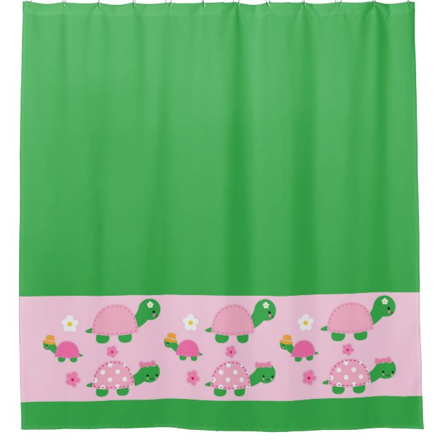 Cute Green Turtle on Colourful Pink Shower Curtain (Front)