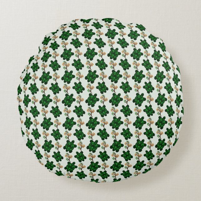 Cute Green Turtle Seamless Pattern | turtle  Round Cushion (Front)