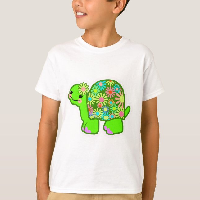 Cute green turtle with retro flower shell - T-Shirt (Front)