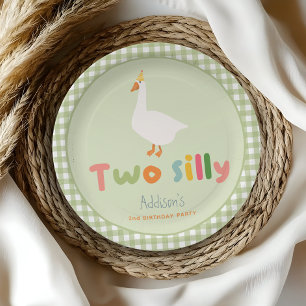Cute Green Two Silly Goose 2nd Birthday Paper Plate