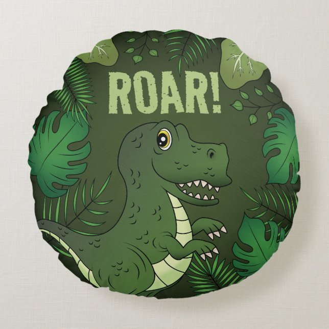 Cute Green Tyrannosaurus Rex Dinosaur & Roar Text Round Cushion (Front)