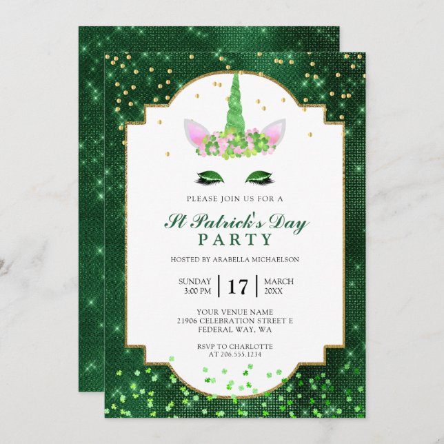 Cute Green Unicorn St Patrick's Day Party Invitation (Front/Back)