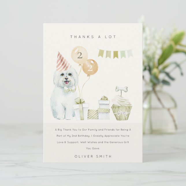 Cute Green Watercolor Dog Any Age Birthday Party Thank You Card (Standing Front)