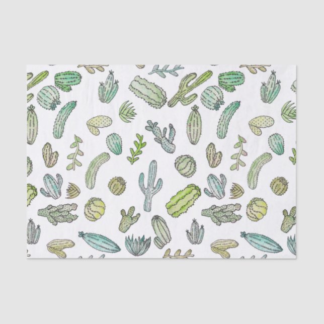 Cute Green Watercolor Paint Summer Cactus Pattern Tissue Paper (Front)