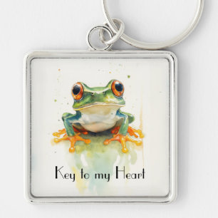 Cute Green Watercolor Tree Frog, custom Key Ring