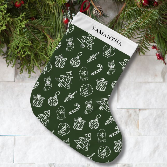 Cute Green White Doodle Large Christmas Stocking (Creator Uploaded)