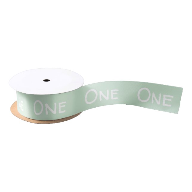 Cute Green White One Typography Satin Ribbon (Spool)