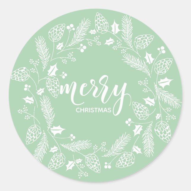 Cute Green & White Pine and Holly Christmas Classic Round Sticker (Front)