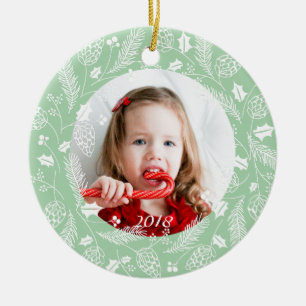 Cute Green & White Pine and Holly Wreath Christmas Ceramic Ornament