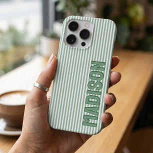 Cute Green & White Pinstripe Personalised Name iPhone 16 Pro Case