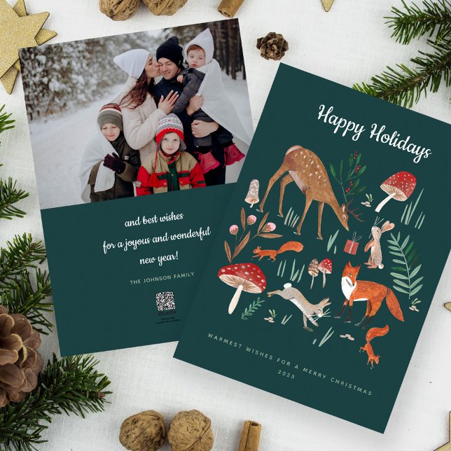 Cute Green Woodland Animals Family Photo Christmas Holiday Card (Cute Green Woodland Animals Family Photo Christmas Holiday Card)