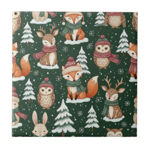 Cute Green Woodland Christmas Animal Pattern Ceramic Tile