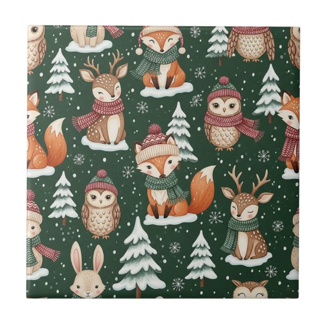 Cute Green Woodland Christmas Animal Pattern Ceramic Tile (Front)