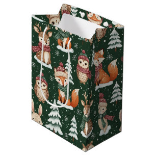 Cute Green Woodland Christmas Animal Pattern Medium Gift Bag