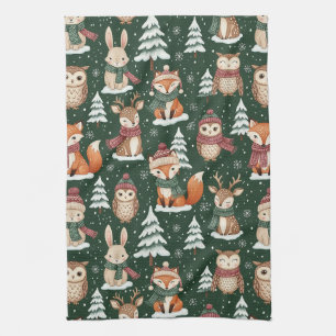 Cute Green Woodland Christmas Animal Pattern Tea Towel