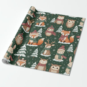 Cute Green Woodland Christmas Animal Pattern Wrapping Paper