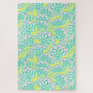 Cute green yellow floral pattern ceramic tile jigsaw puzzle