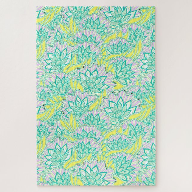 Cute green yellow floral pattern ceramic tile jigsaw puzzle (Vertical)
