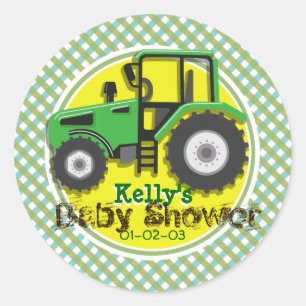 Cute Green & Yellow Tractor; Plaid Baby Shower Classic Round Sticker
