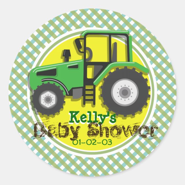 Cute Green & Yellow Tractor; Plaid Baby Shower Classic Round Sticker (Front)