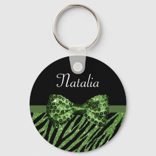 Cute Green Zebra Print FAUX Glitz Bow With Name Key Ring