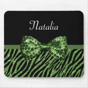 Cute Green Zebra Print FAUX Glitz Bow With Name Mouse Pad