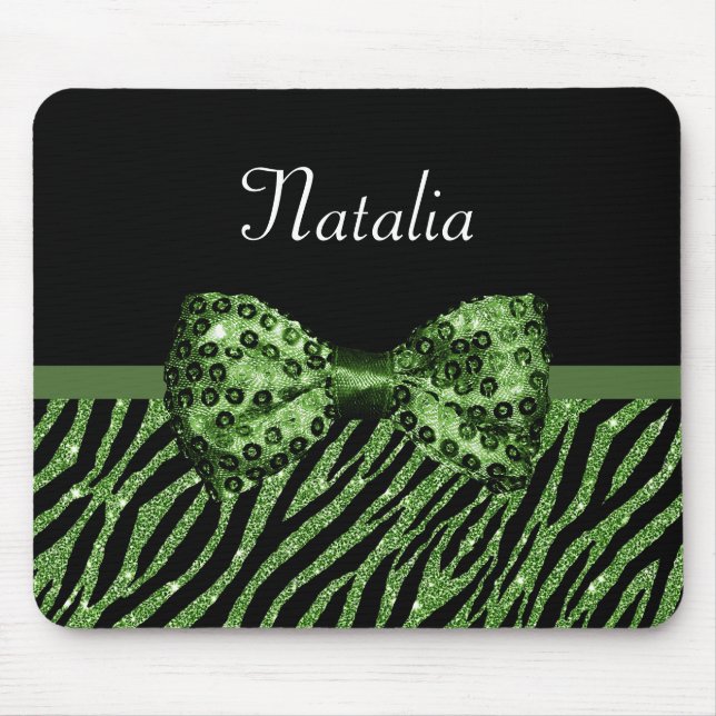 Cute Green Zebra Print FAUX Glitz Bow With Name Mouse Pad (Front)
