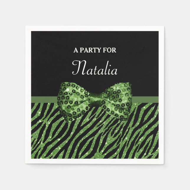 Cute Green Zebra Print FAUX Glitz Bow With Name Napkin (Front)