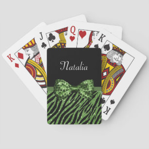 Cute Green Zebra Print FAUX Glitz Bow With Name Playing Cards