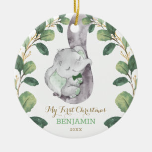 Cute Greenery Baby Elephant First Christmas Ceramic Ornament