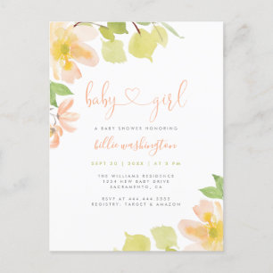 Cute Greenery Blush Floral Script Girl Baby Shower Invitation Postcard