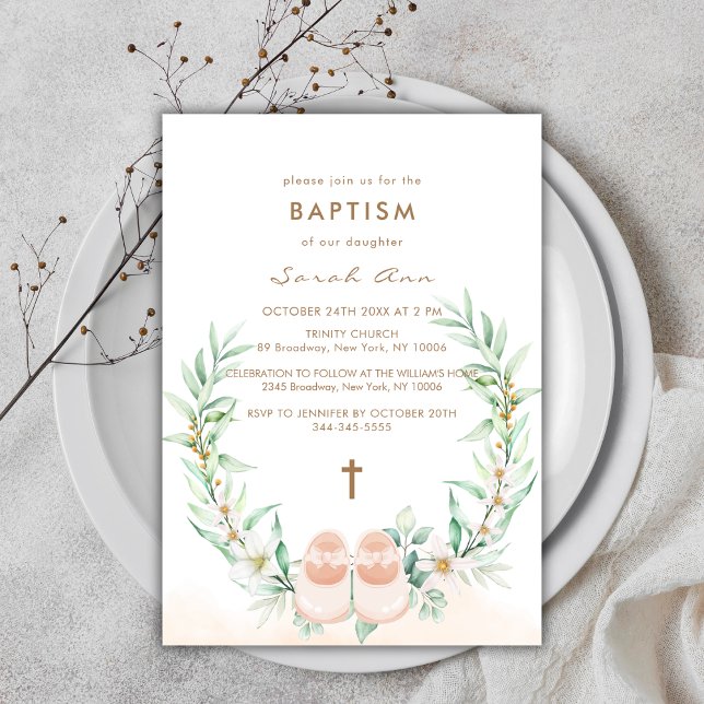 Cute Greenery Eucalyptus Gold Cross Girl Baptism  Invitation (Cute Greenery Eucalyptus Gold Cross Girl Baptism Invitation)
